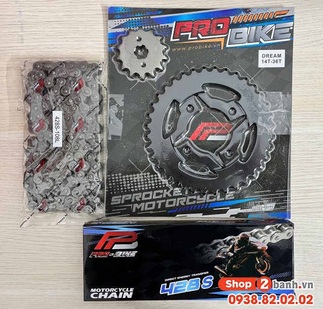 Bộ nhông sên dĩa pro-bike cho wave dream 14t - 36t- sên 428s 108l sên tán đúc - 2
