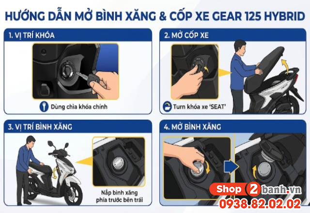 Hướng dẫn cách mở bình xăng mở cốp xe gear 125 hybrid - 2