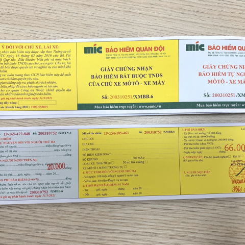 Phiếu bảo hiểm 01 năm cho xe máy 