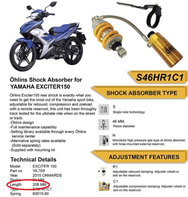 Phuộc Ohlins YA 769 cho Exciter 150-155 chính hãng