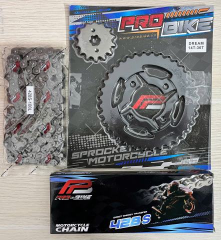 Bộ nhông sên dĩa Pro-Bike cho Wave, Dream 14T - 36T- Sên 428S 108L (sên tán đúc)