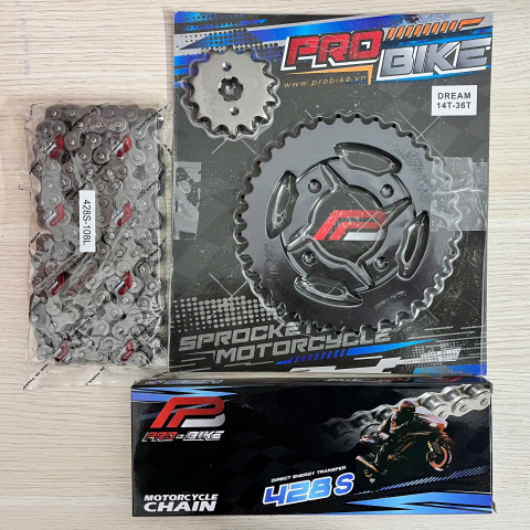 Bộ nhông sên dĩa Pro-Bike cho Wave, Dream 14T - 36T- Sên 428S 108L (sên tán đúc)