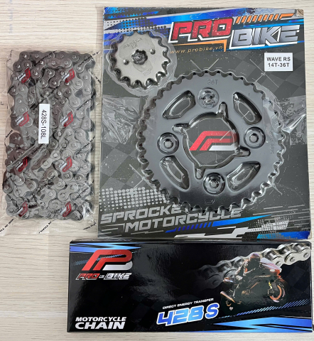 Bộ nhông sên dĩa Pro-Bike cho Wave RS, Future 14T - 36T- Sên 428S 108L (sên tán đúc)