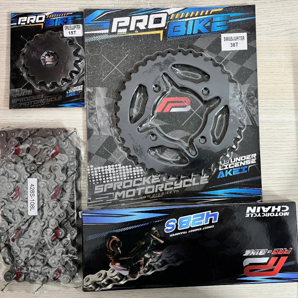 Bộ nhông sên dĩa Pro-Bike cho Sirius 15T - 36T- Sên 428S 108L (sên tán đúc)