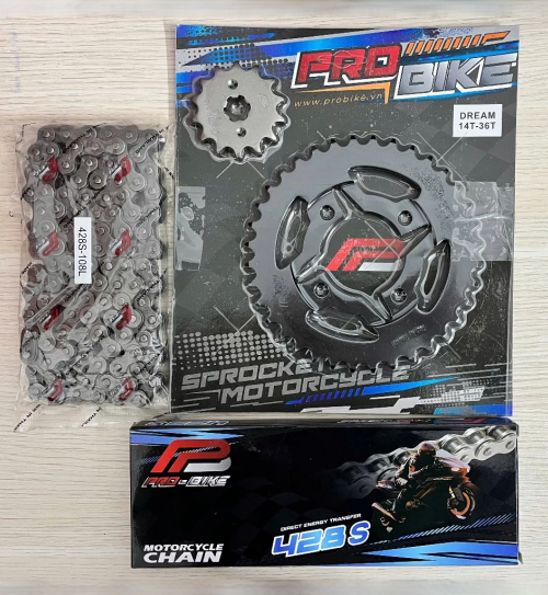 Bộ nhông sên dĩa Pro-Bike cho Wave, Dream 14T - 36T- Sên 428S 108L (sên tán đúc)