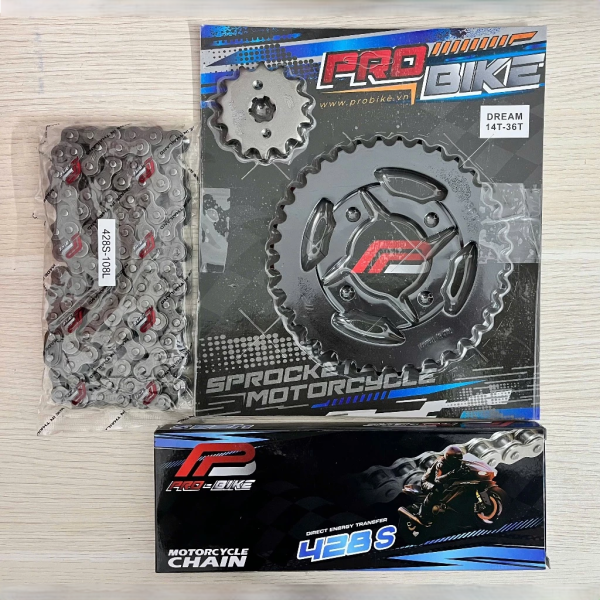 Bộ nhông sên dĩa Pro-Bike cho Wave, Dream 14T - 36T- Sên 428S 108L (sên tán đúc)