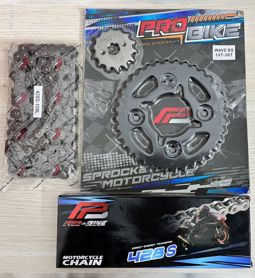 Bộ nhông sên dĩa Pro-Bike cho Wave RS, Future 14T - 36T- Sên 428S 108L (sên tán đúc)