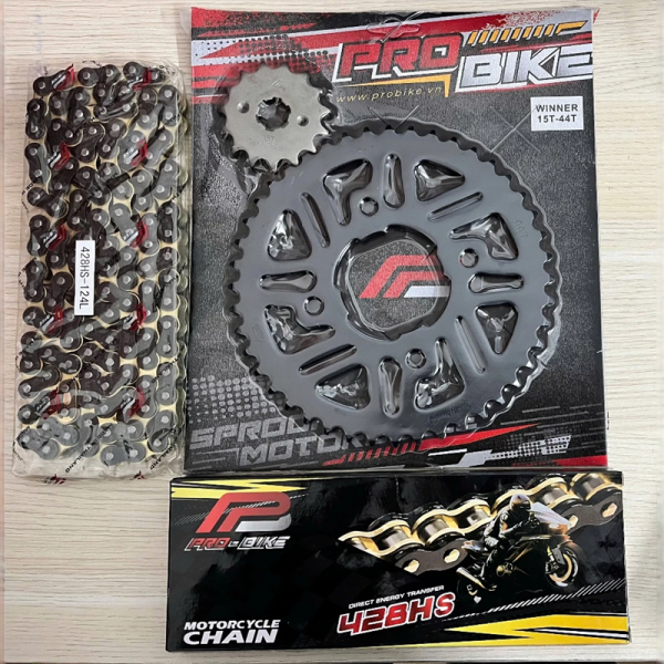 Bộ nhông sên dĩa Pro-Bike tán đúc vàng đen cho Winner (44T) 428HS