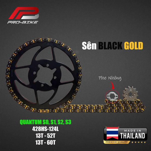 Bộ nhông sên dĩa Pro-Bike cho Datbike Quantum S0, S1 (sên vàng đen)
